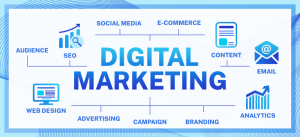Digital Marketing written in white background surro\unded by its elements