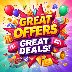 picture showing great offers great deals with 50% sale price tag