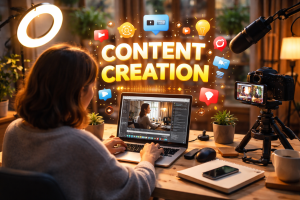 lady editing video on laptop