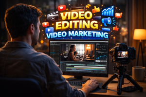 A Guy editing video for content marketing